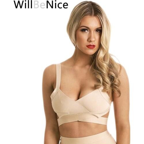 WillBeNice 2019 V Neck Nude Blue White Camis Short Sexy Women Crop Knitted Bandage Top Cross Bandage Backless Slim Bodycon Top