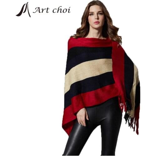 Women Sweater Cloak Spring Autumn Striped Tassel Casual Loose Warm Elegant Coats Pullover Mantle Batwing Sleeve Tops Shawl Wrap