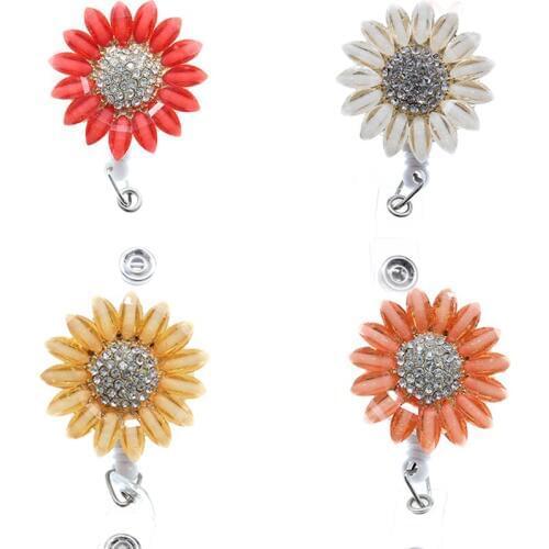 10pcs Wholesale Fashion Acrylic flower sunflower crystal Rhinestone Retractable ID Badge Holder Reel for gift/party