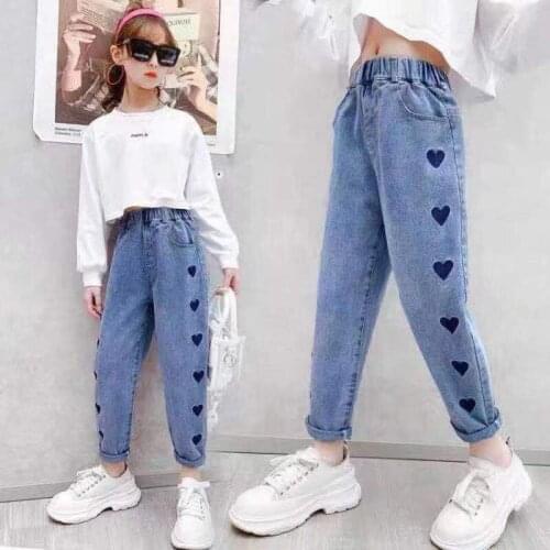 2021 Fashion Embroidered Heart Jeans For Kids Girls Teenage Children Jeans Elastic Waist Denim Pants Kids Trousers Clothes