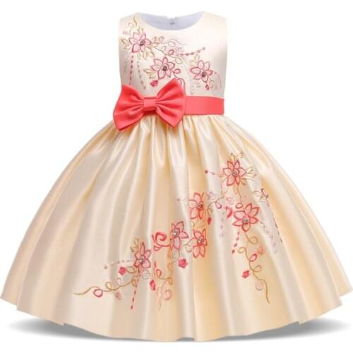 2021 Flower Kids Retro Embroidery Dress For Girl Children Costume Party Bow Princess Dresses Evening Vestido Baby Girls Clothing