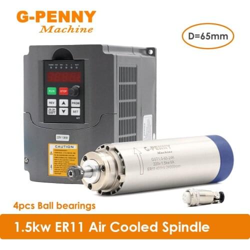 New arrival! 1.5kw ER11 air cooled spindle motor 24000rpm air cooling 400Hz 4 bearings 65x204mm & 1.5kw HuanYang VFD/ Inverter