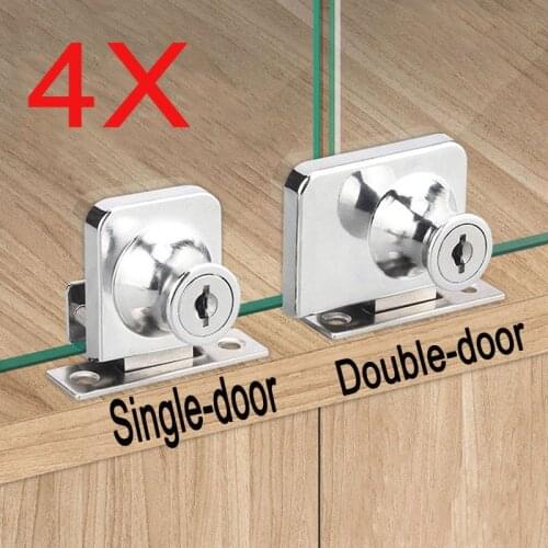 4 Sets Cabinet Lock Display Showcase Locks Double /Single Glass Door Drilling-free Zinc Alloy Cylinder Sliding Glass Door Lock