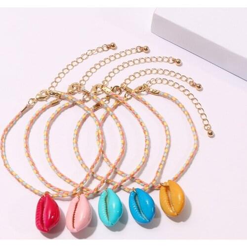 SAY 5/pcs per set Multi-color Handmade Sea Rainbow Shell Pearl Coral Turquoises Beaded Ribbon Charm Bracelets Anklets