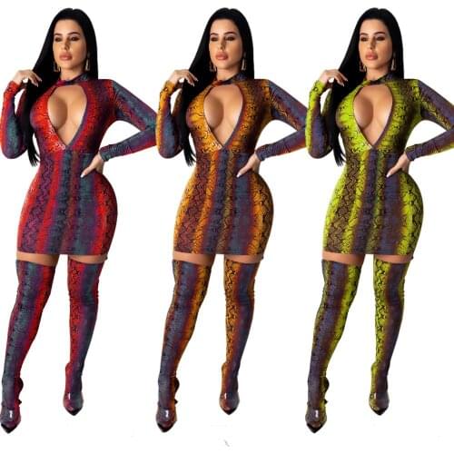 BKLD S-2XL Fashion Snake Print Long Sleeve Sexy Hollow Out Bodycon Mini Dress 2019 Autumn Winter Womens Streetwear Party Clothes