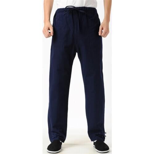 Plus Size Trousers Elastic Waist 4XL Chinese Kung Fu leg wrappings Pants Mens Full Length Cotton Tai Chi clothing navy blue