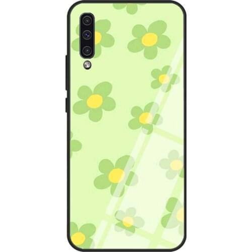Green Flower Patch Case For Samsung A72 A71 A51 A31 A40 A50 A70 A20e A21S A12 A32 A52 Tempered Glass Cover