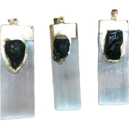 Healing Crystals Spiritual Gemstone Gilded With Black Tourmaline Natural Selenite Stick Crystals Pendant For Gift