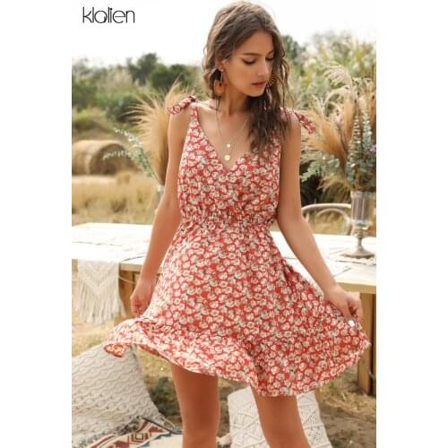 KLALIEN Fashion Elegant Boho Floral Camisole Mini A-Line Dress Women Summer New French Romantic Party Vacation Club Print Dress