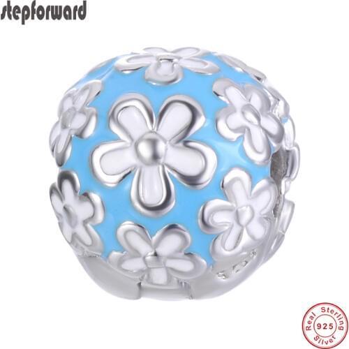 Beautiful Top Quality Blue Enamel 100% 925 Sterling Silver Daisy Clip Charm Beads Fit Women Charm Bracelets Jewelry Gift