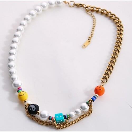 2021 INS HOT Stainless Steel Pearl Chain Smile Rainbow Yin Yang Flower Cuba Chain Necklace For Women Girl Trendy Jewelry Gift