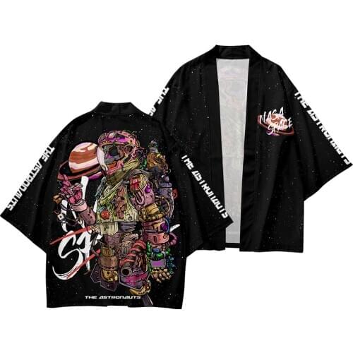 2020 Men Cardigan Japan Harajuku Yukata Robe Traditional Clothes Japanese Style Skeleton Astronaut Print Kimono Streetwear