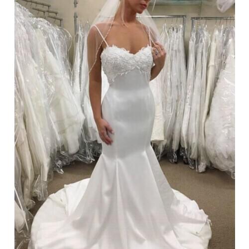 Romantic Mermaid Wedding Dresses Spaghetti Straps Elegant Appliques Low Back White Satin Bride Dress Custom Made