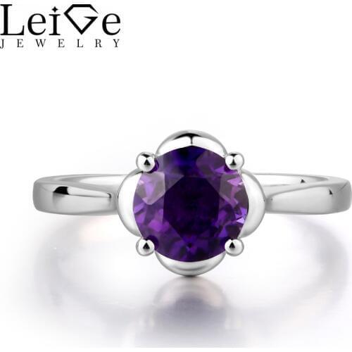 Leige Jewelry Natural Amethyst Ring Purple Color Round Cut Wedding Bands Classic Ring With Stone February Birthstone 925 Silver
