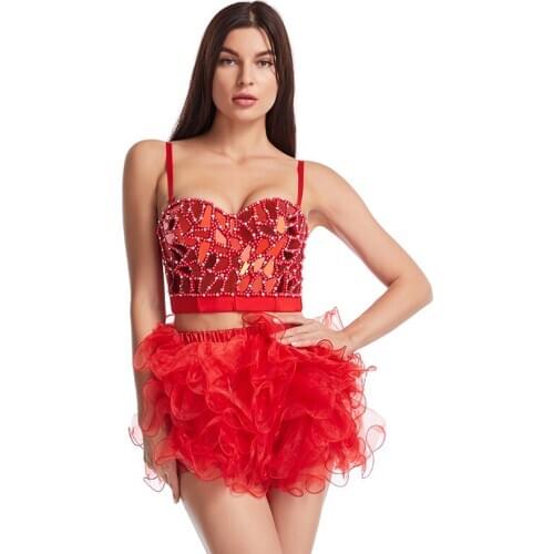 Gorgeous Red Rhinestone Bead Bustier Pearls Diamond Push Up Bra Sexy Women Night Club Bralette Cropped Top Plus Size Lingerie