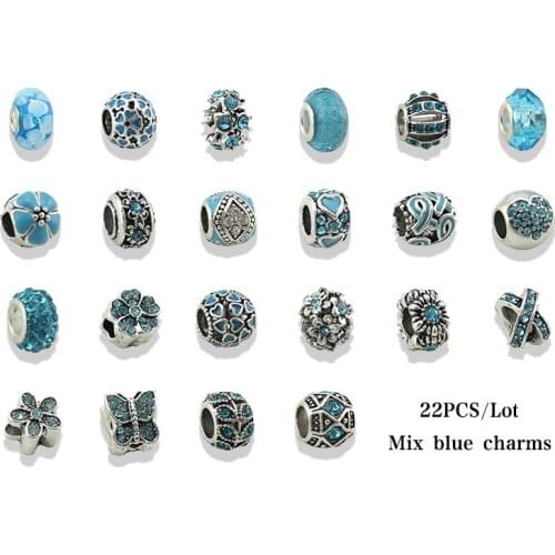 VIOVIA Mix 22 Pc/Lot Cute Silver Color Blue Crystal Charm Bead Fit Original Pan Bracelet Pendant Women Diy Jewelry
