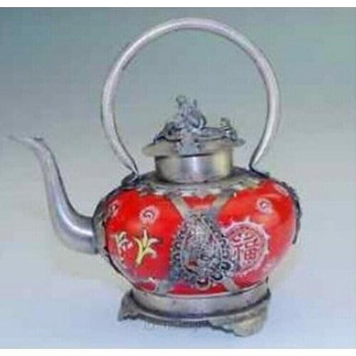 WBY 718+++Tibetan Silver Tibet Silver Dragon Phoenix Tea Pot Monkey Lid fast shipping tools wedding Decoration Brass Teapot