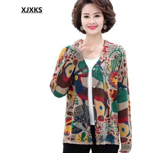 XJXKS Fashion printed women V-neck cardigan 2021 spring autumn new loose plus size cashmere knitted sweater women coat