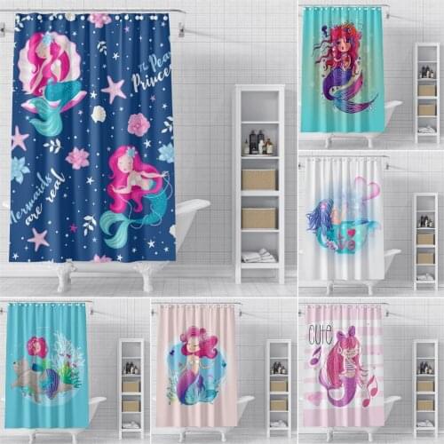 Cartoon Mermaid Bathroom Shower Curtain Fabric Waterproof Bathroom Curtain With Hooks Solid Bath Curtains For Bathroom Decor