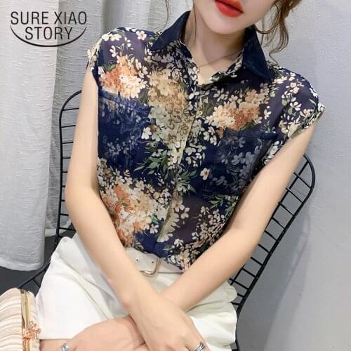 2021 Plus Size Cardigan Ladies Tops Blusas Mujer Summer Floral Chiffon Women Shirts Casual Sleeveless Print Blouse Women 10225