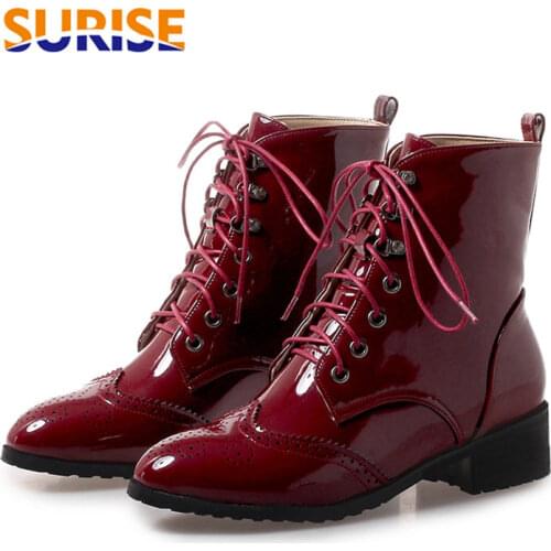 British Women Martin Boots Black White Carved Patent Leather Low Square Heel Casual Office Ladies Lace Up Motorcycle Ankle Boots