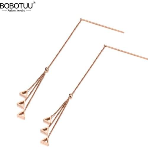 BOBOTUU Trendy Titanium Steel Geometric Triangle Long Tassel Earrings For Women Bohemia Beach Dangle Earrings Jewelry BE19190