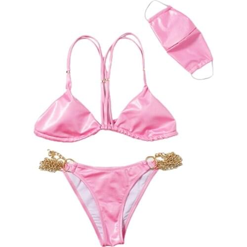 Women Sexy Shiny Metallic Faux Leather Bikini Set with Face Mask Chain Swimsuit E56D