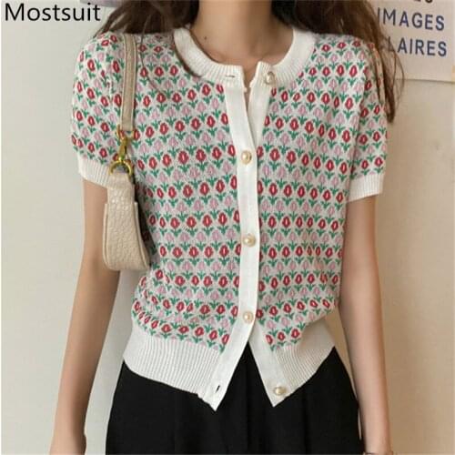 Vintage Floral Knitted Cardigan Tops Women Summer Short Sleeve O-neck Pearl Buttons Sweater Korean Elegant Ladies Jumpers Femme