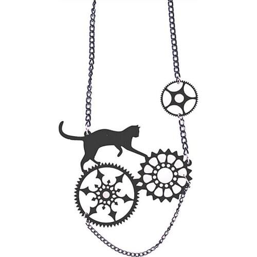 Funny Acrylic Big Black Cat Gear Necklaces Pendant Cat Animal Long Link Chian Necklace Jewelry for Women Girl Punk Party Gifts