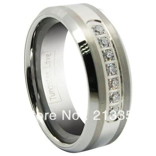 Free Shipping USA Hot Selling 7pcs Zirconia CZ Accented Comfort Fit Silver Brush Bevel 8MM Tungsten Ring Mens' Wedding Band Ring