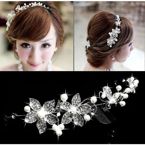 GETNOIVAS Rhinestone Pearl Flower Headband Tiara de Tiaras Women Crown Headpiece Bridal Hair Jewelry Women Wedding Accessorie SL