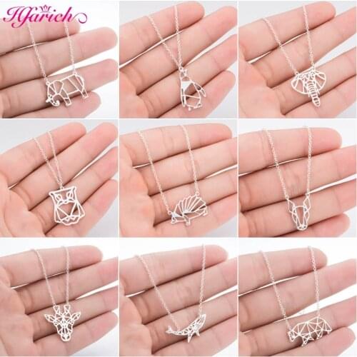 Hfarich Origami Giraffe Elephant Owl Bear Necklace Pendants for Kids Women Men Fashion Hollow Animal Jewelry Choker Collier 2019