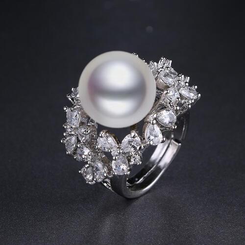 New Luxury Big Pearl Women Ring AAA Cubic Zirconia Pave White /Gold-Color Finger Rings For Wedding Party Gifts R-004