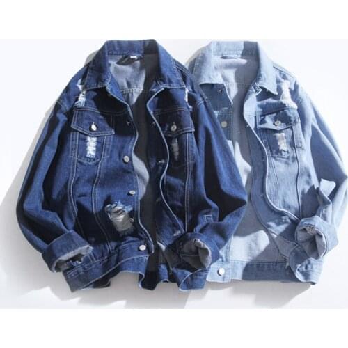 New Autumn Men Hole Washed Denim Jackets Fashion Slim Fit Mens Turn-down Collar Jeans Jacket Cotton Outwear Coat Male Clothing