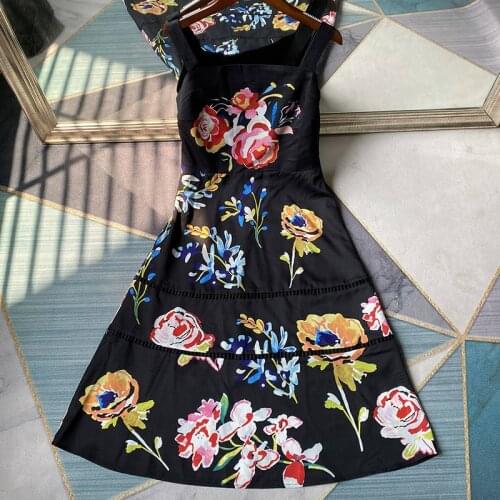 MIUXIMAO Fashion Runway Elegant Summer Dress Womens Spaghetti Strap Black Tank Dress Vintage Floral Print Short Dress Vestidos