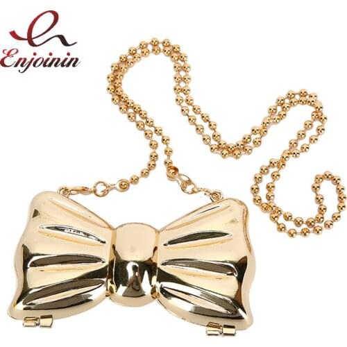 Fashion Handbags Women Metal Clutches Bow Shape Mini Party Black Evening Purse Silver Bags Gold Box Chain Shoulder Bag Wedding