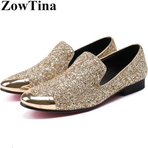 Gold Sequine Men Casual Flats Slip On Driving Shoes Man Metal Round Toe Loafers Fashion Design Zapatillas Hombre Tenis Moccasins
