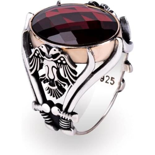 Men Handmade Silver Ring With Oval Red Zircon Stone And Sword Animal Eagle Motif, Seljuk Empire Ring, 925 Sterling Silver