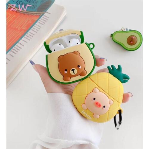 Cartoon avocado bear pineapple pig case for airpods 1 2 charging case soft silicone wireless bluetooth headset protective cover