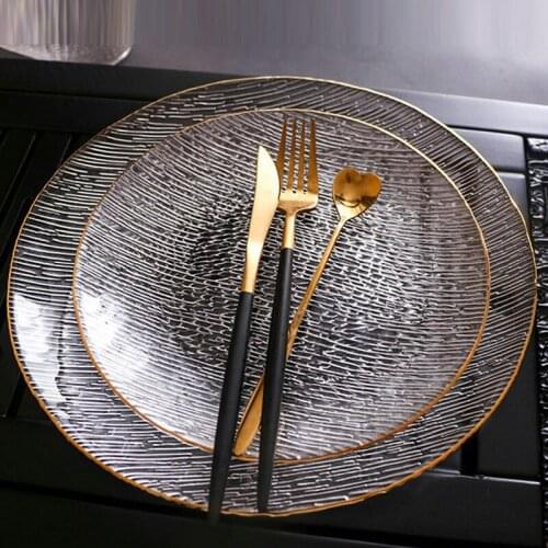 Transparent Glass Plate Gold Rim Home Display Plate Western Food Plate Table Mat Plate Kitchen Tableware Supplies Japanese Style