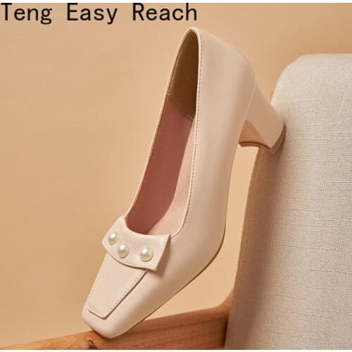 New Womens High Heels Set Foot Comfort Square Heel Spring Concise Prom Wedding Shoes PU Leather Women Shoes High Heel Pumps