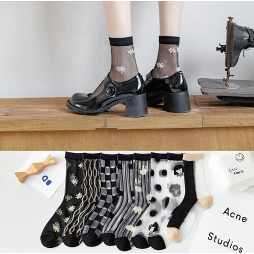 2021 New Fashion Breathable Socks Women Soft Lace Silk Long Socks Glass Silk Socks Casual Cute All-Match Harajuku Style Cheap
