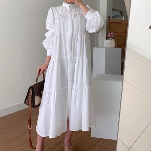 2021 Autum Maxi Dresses For Women Puff Sleeve Fashion Vestidos Feminino Stand Collar Pleated Shirt Dress Clothes Elegant Robe