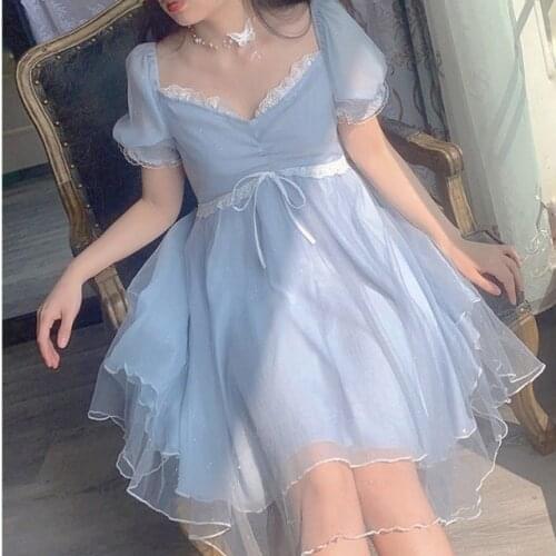 Hstar Casual Puff Sleeve Princess Dress Summer Japanese Kawaii Fairy Dress Women Sweet Cute Patchwork Blue Lace Mini Dress