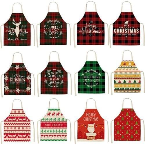 Merry Christmas Car Tree Red Plaid Kitchen Aprons for Woman Man Home Cooking Baking Shop Cleaning Cotton Linen Apron Accessories