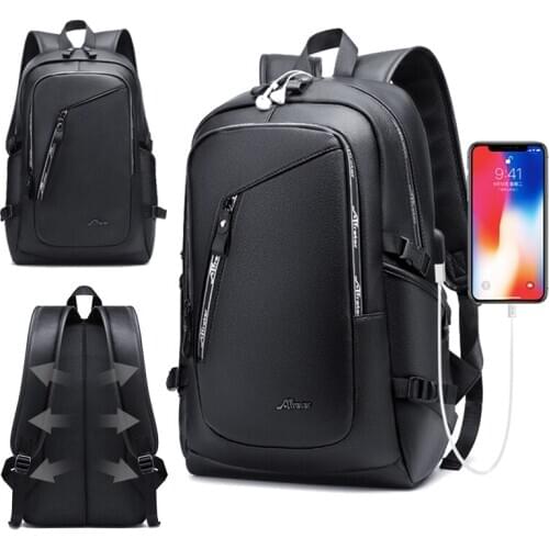 Laptop Backpack Large Mens Leather Backpack PU Waterproof Travel Business Backpack USB Charger Backpack Mens 15.6 Inch Men 002