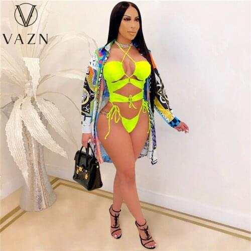 VAZN 2021 Summer Holiday Swimming Bikini Print Skinny Jogger Suits 2 Piece Set Women Top And Pant
