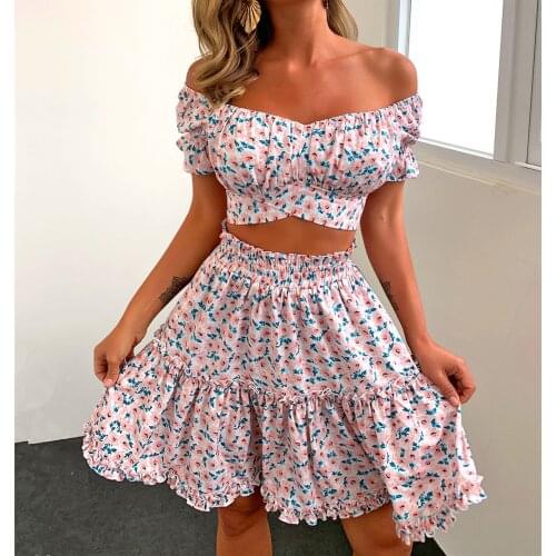 Wsevypo Summer Floral Two-piece Skirts Suits Women Sets Casual Off Shoulder Ruched T-shirt Crop Tops and Mini A-Line Skirts