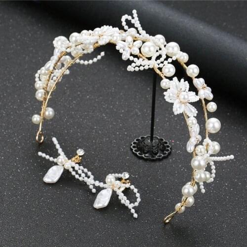 Handmade Korean Pearl Beads Flower Crown & Earring Sets for Women Bridal Tiaras Wedding Engagement Party Hair Jewelry Gift