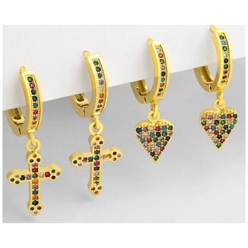 Cross heart multicolor Brass micro pave cz zircon cubic zirconia drop Hoop Earrings copper gold plated crystal women studs hfg23